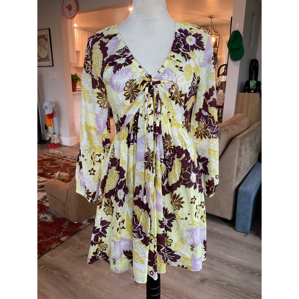 Anthropologie Floral 70s Boho V-Neck Mini Dress Yellow Plum Long Sleeve XS